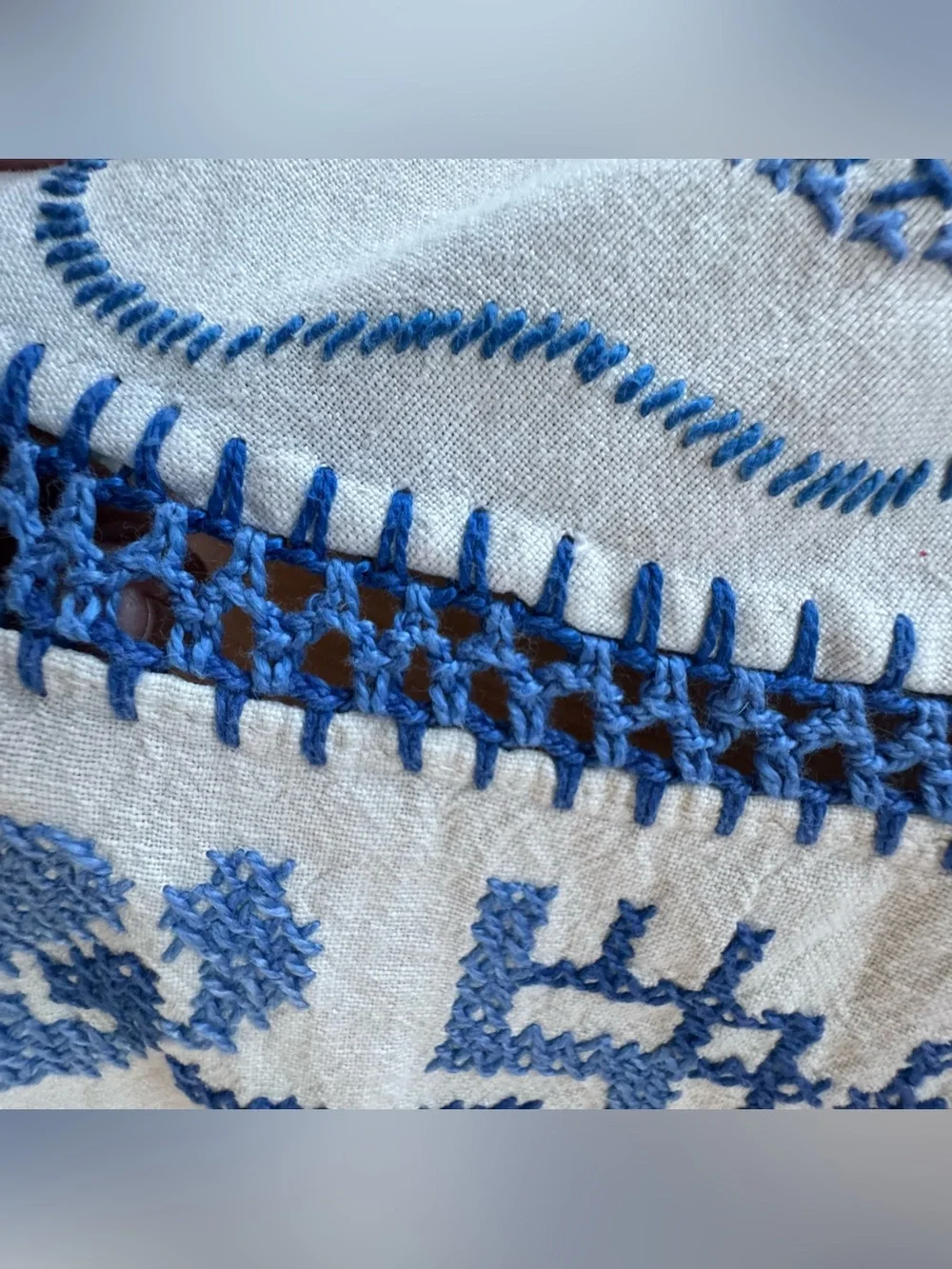 Vintage Hand Embroidered Bluework Table Runner Dresser Scarf Crocheted Floral